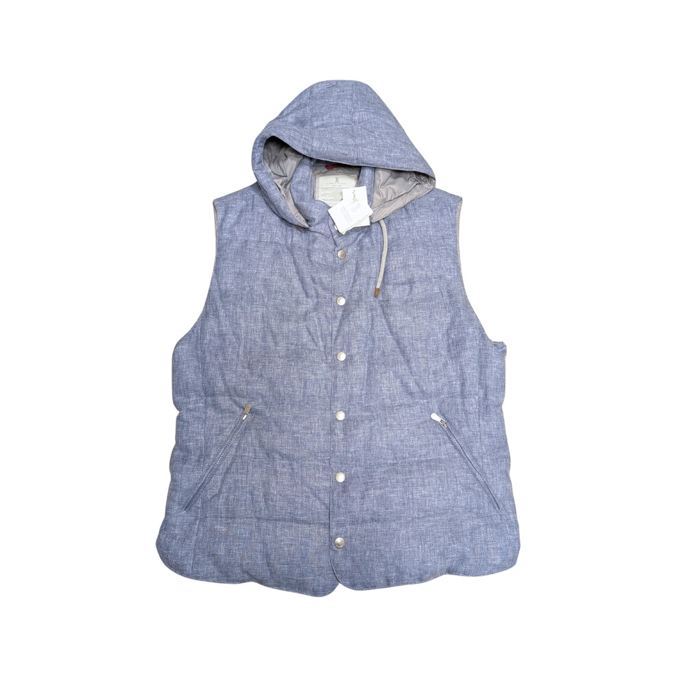 NWT Brunello Cucinelli Blue Linen Wool Silk Blend Down Hooded Vest Mens Size XXL